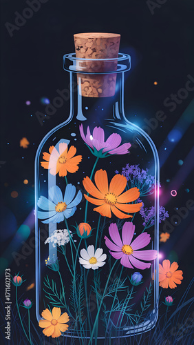 Colorful florals wallpapers in a glass bottle, a unique, dreamy illustration. Great for posters, book covers, whimsical designs, and fantasy-themed creative projects.