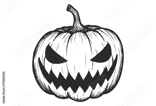 Black and white jack-o'-lantern sketch with menacing expression - stock vector