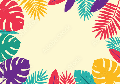 A vibrant tropical leaf border frame with colorful foliage on a light yellow background.