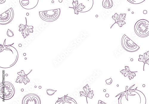 Fresh tomato slices and herbs arranged artfully on a white background.