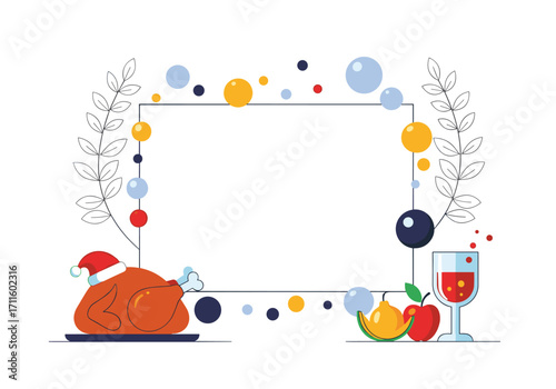 A festive holiday frame with a roast turkey and fruit elements.