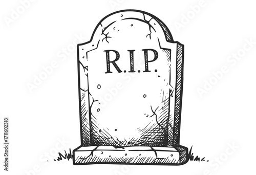 Illustration of a cracked tombstone with r.i.p inscription on grass - stock vector