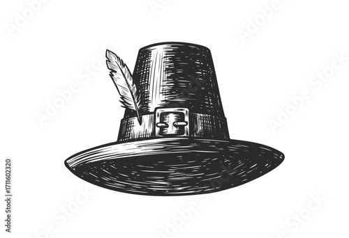 Vintage pilgrim hat with feather and buckle illustration in black and white - stock vector
