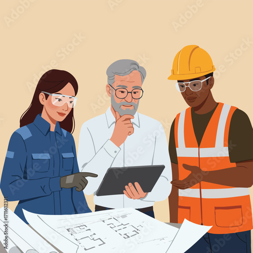 A dedicated team of architects, engineers, and construction workers collaboratively examines intricate blueprints, discussing critical project details and future plans.