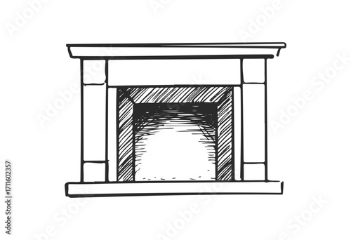 Monochrome hand-drawn fireplace sketch with classic architectural details - stock vector