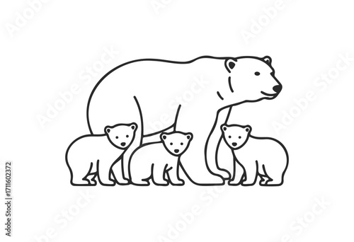 Line art of polar bear family with mother and three cubs - stock vector