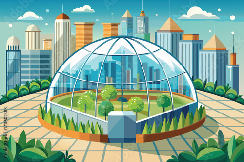 Urban greenhouse surrounded by modern skyscrapers in a vibrant cityscape