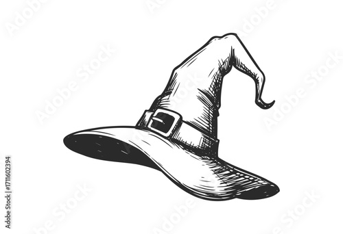 Vintage witch hat drawing with buckle and wide brim - stock vector