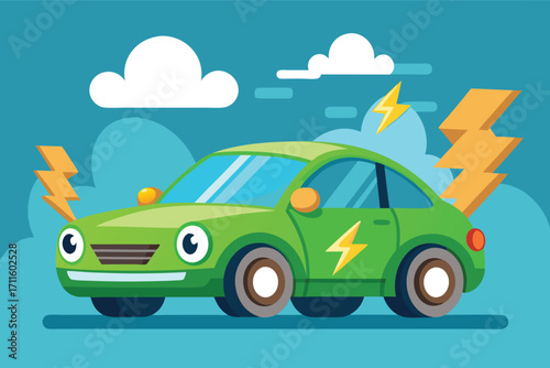 Colorful electric car cartoon with cheerful design and lightning symbols against a blue background