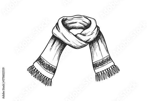 Elegant hand-drawn winter scarf with intricate patterns and tassels - stock vector