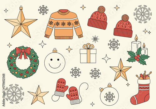 A festive collection of cozy Christmas holiday icons and symbols.