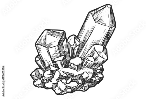 Detailed black and white illustration of quartz crystal cluster - stock vector