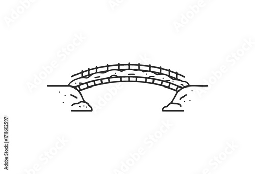 Minimalist illustration of an arched bridge spanning two rocky cliffs - stock vector