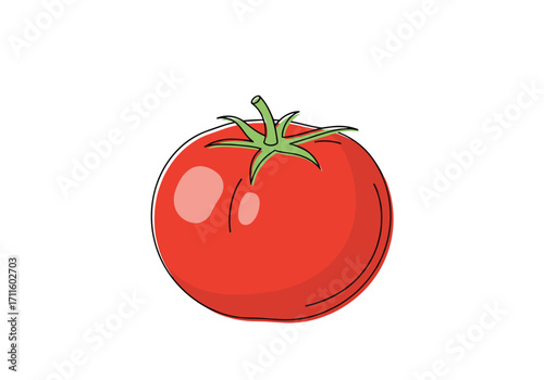 A ripe red tomato with a green stem and leaves on a white background.