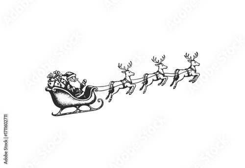 Vintage santa claus on sleigh with reindeer illustration - stock vector