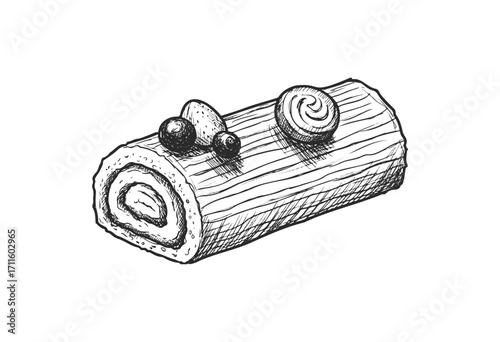 Hand-drawn yule log cake with berries and swirl decoration - stock vector