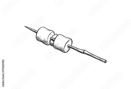 Hand-drawn marshmallows on stick: delicious camping treat - stock vector