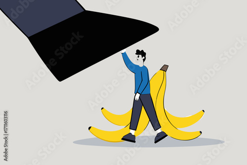 trust businessman hero protection from slippery banana peel.