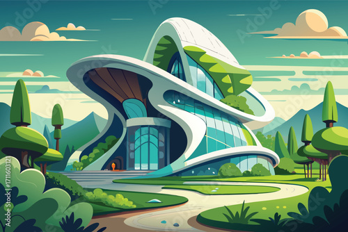 Modern architectural design featuring a futuristic building surrounded by nature in a picturesque landscape