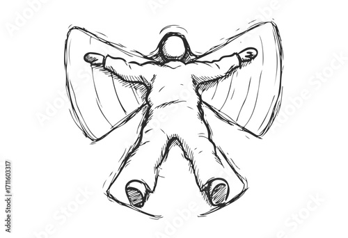Sketch of a winter-clad figure making a snow angel with arms outstretched - stock vector
