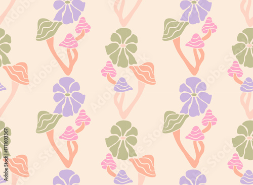 Nature Matisse illustration. Art Nouveau landscape panorama with Chamomiles and Mushrooms. Tile seamless pattern in groovy 60s 70s vibes. 