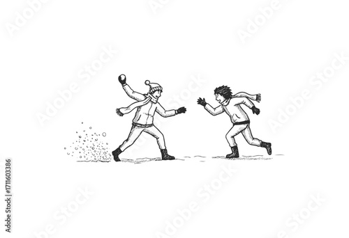 Playful winter snowball fight between two young children in warm clothing - stock vector