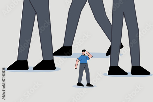 small business to fight with large company, strained entrepreneur observing significant rival in identical industry.