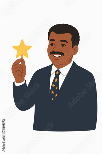Distinguished professional holding a bright golden star, symbolizing achievement and excellence in academic or scientific fields
