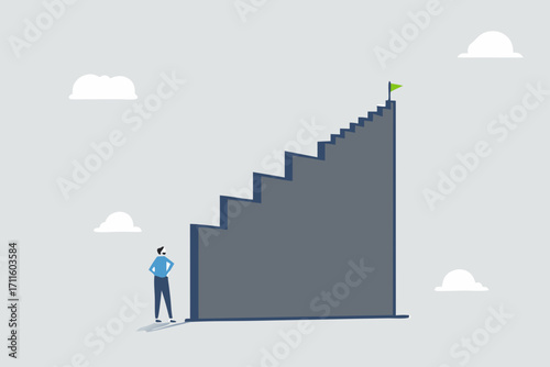 First step is hardest, depressed businessman looking at the first step of high success stairway.