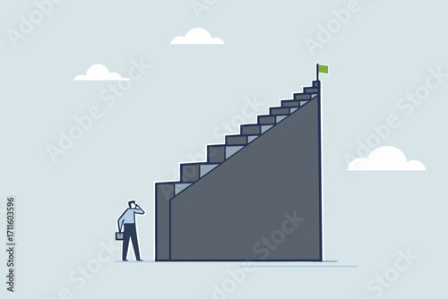 First step is hardest, depressed businessman looking at the first step of high success stairway.