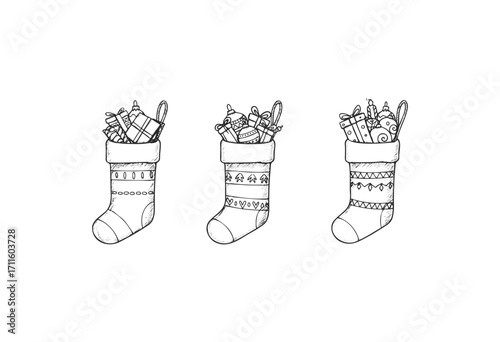 Hand-drawn christmas stockings filled with gifts and decorations in black and white - stock vector