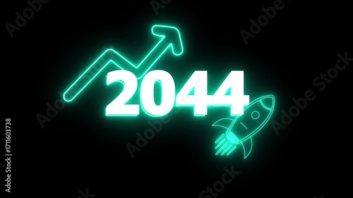 Wallpaper Mural Neon 2044 year with upward arrow graph and rocket ship icon on black background new year Glow Against Dark Jahreswechsel, Schrift mit Neonschein 4k video Background animation Torontodigital.ca