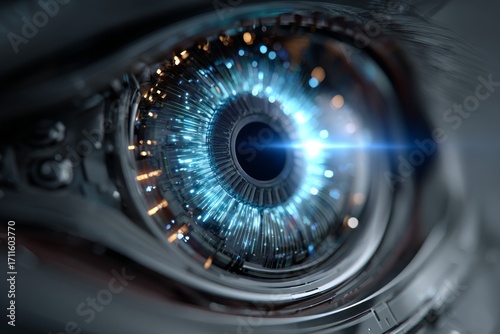 Close-up of a futuristic robotic eye emanating a captivating blue light, symbolizing advanced technology and artificial intelligence