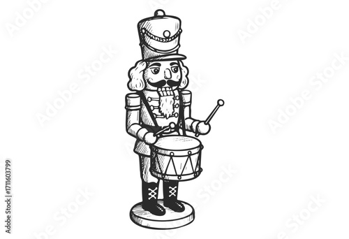 Black and white illustration of a traditional drum-playing nutcracker soldier - stock vector