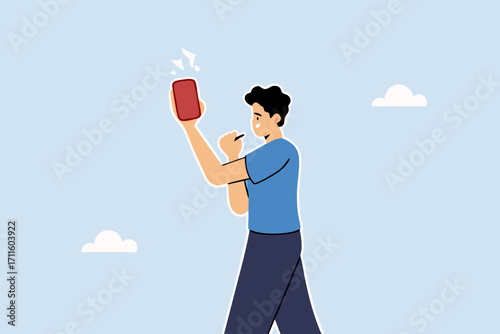 Business banned, businessman blowing whistle showing red card to ban employee involved in offense.