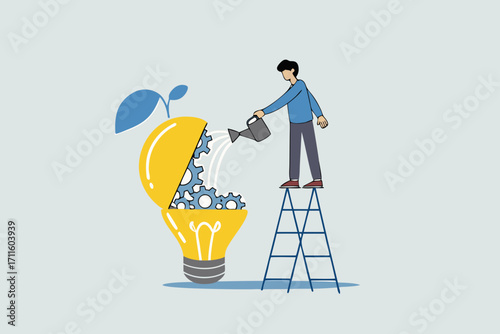 Maintenance brain to generate idea, entrepreneur pours lubricant into an exposed ampoule containing mechanical gears.