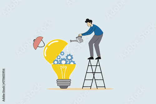 Maintenance brain to generate idea, entrepreneur pours lubricant into an exposed ampoule containing mechanical gears.