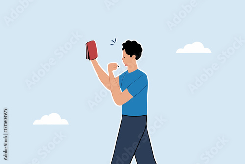 Business banned, businessman blowing whistle showing red card to ban employee involved in offense.