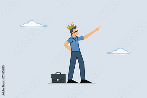 Success businessman king proud of his achievement, joyful entrepreneur with regal crown gesturing towards the heavens