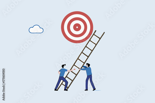 team of businessman helps to create ladder of success to reach the goal.