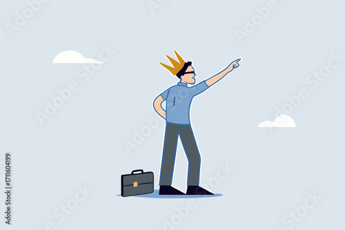 Success businessman king proud of his achievement, joyful entrepreneur with regal crown gesturing towards the heavens