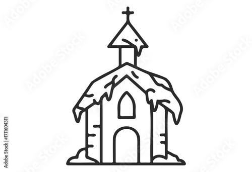 Simple black and white line art of a snow-covered church with cross - stock vector