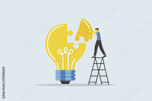 Solve business problem with creativity, Businessman put together final jigsaw piece to finish puzzle of idea for lightbulb