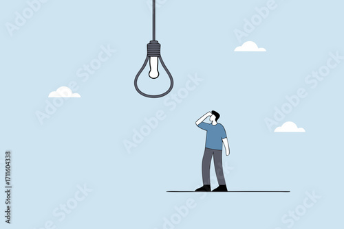 Business risk, skeptical businessman looking at light bulb idea thinking it looks like noose trap