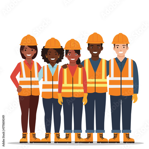 A diverse group of smiling construction workers wearing safety gear stands together, representing teamwork and professional collaboration in the industrial sector.