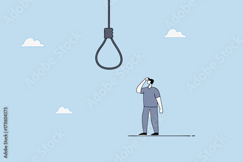 Business risk, skeptical businessman looking at light bulb idea thinking it looks like noose trap