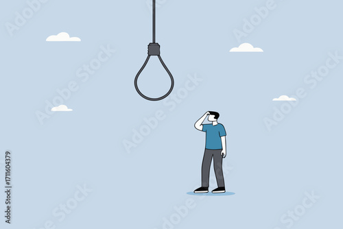 Business risk, skeptical businessman looking at light bulb idea thinking it looks like noose trap