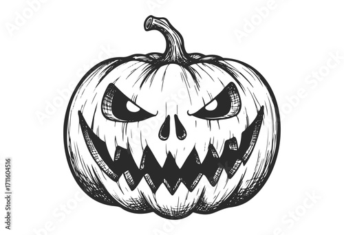 Spooky halloween pumpkin illustration with sinister grin and carved details - stock vector