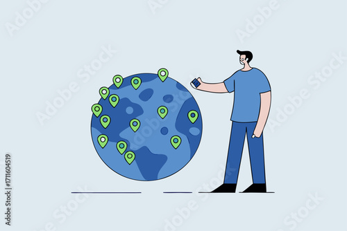 businessman CEO put new branch pin on world map across globe.