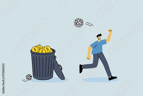 Get rid of work anxiety, joyful entrepreneur discards in garbage anxious and troubled.